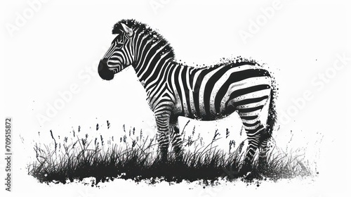  a black and white drawing of a zebra standing in a field of grass with tall grass in the foreground.