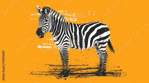  a black and white zebra standing in front of a yellow background with a splash of paint on it s side.