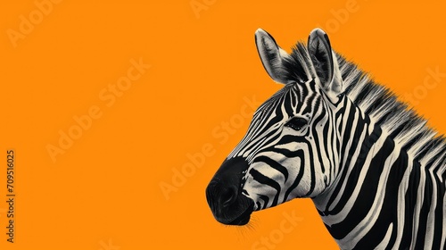  a close up of a zebra s head on an orange background with a black and white zebra in the foreground.