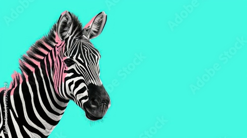  a close up of a zebra s head against a blue background with a pink and black stripe on it.