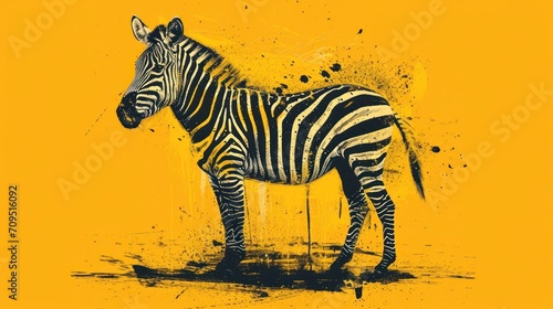  a black and white zebra standing in front of a yellow wall with a splash of paint on it s side.