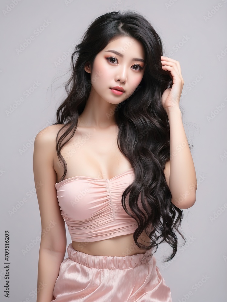 Portrait of beautiful asian women, long black hair, tshirt model posing in white background, Portrait of beautiful asian women, long black hair, tshirt model posing in white background,