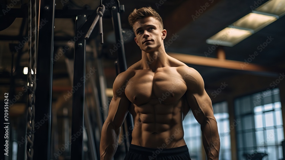 Fit and strong: young male athlete bodybuilder strikes powerful poses, demonstrates dynamic sports exercises in gym setting Fit and strong: young male athlete bodybuilder strikes powerful poses, demonstrates dynamic sports exercises in gym setting