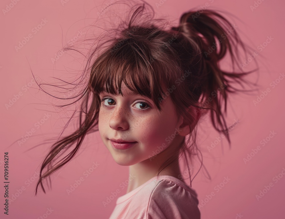a close up of a young girl with a messy top knot on her head and hair in a pony tail. a close up of a young girl with a messy top knot on her head and hair in a pony tail.