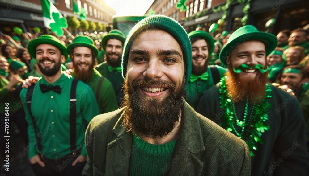 Naklejka premium Joyful group of friends in green, St Patrick's Day street parade celebration