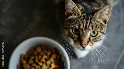  a close up of a cat next to a bowl of food and a bowl of cat food on a table.
