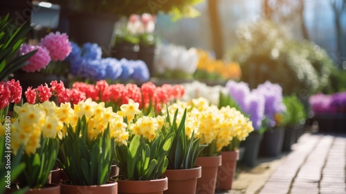 A flower shop with hyacinths, daffodils and other potted flowers on the shelves of a street store on a sunny day. Spring background.