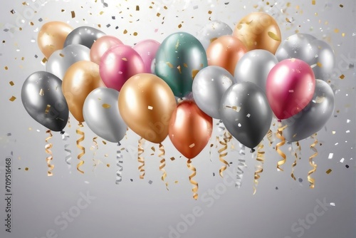 all colors balloons, confetti, background with empty space, text, image, mockup. Independence Day, celebration, 4th of July or birthday party or concert ,new year or Christmas 