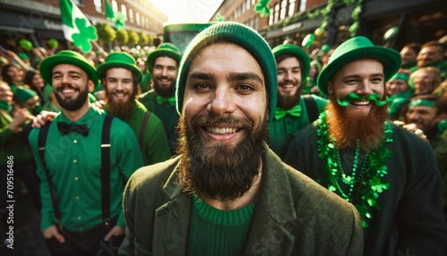 Joyful group of friends in green, St Patrick's Day street parade celebration