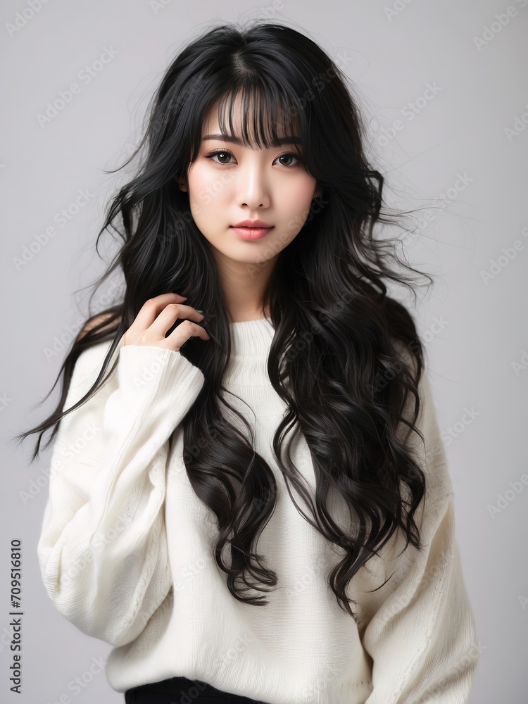 Portrait of beautiful asian women, long black hair, tshirt model posing in white background, Portrait of beautiful asian women, long black hair, tshirt model posing in white background,