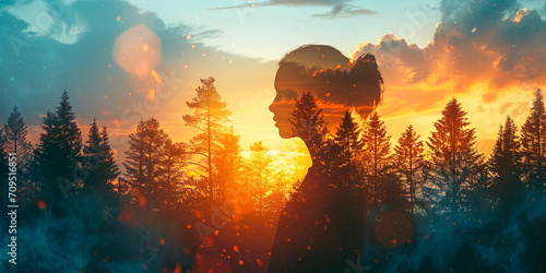 conceptual photo with a double composition, a silhouette of girl and a forest
