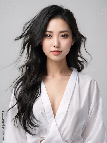 Portrait of beautiful asian women, long black hair, tshirt model posing in white background, 