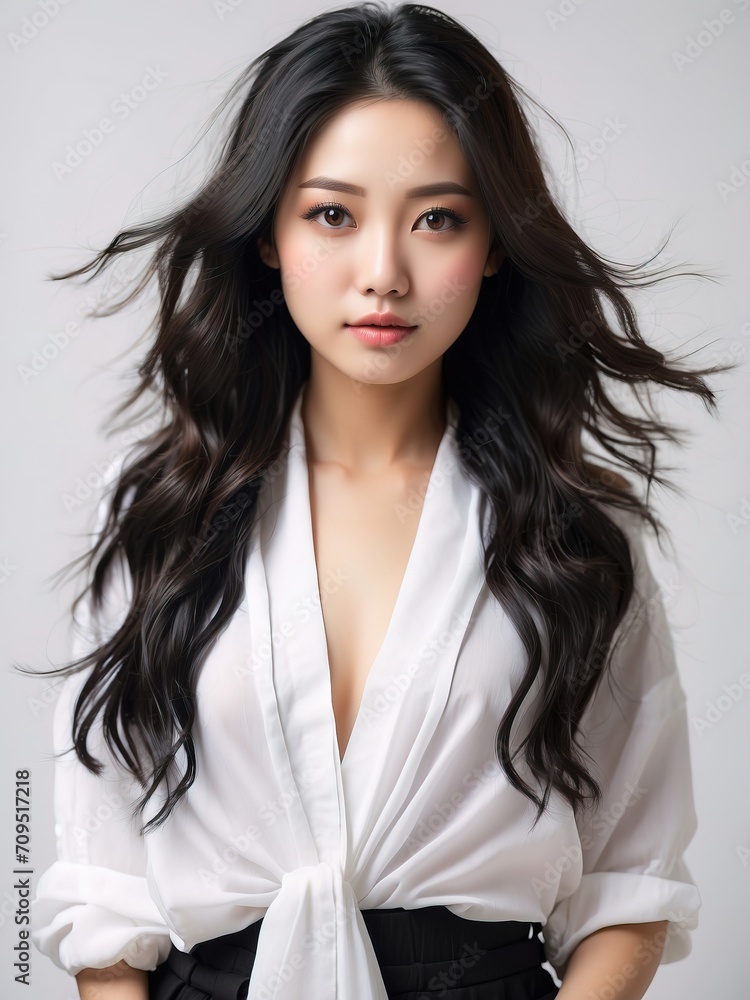 Portrait of beautiful asian women, long black hair, tshirt model posing in white background, Portrait of beautiful asian women, long black hair, tshirt model posing in white background,