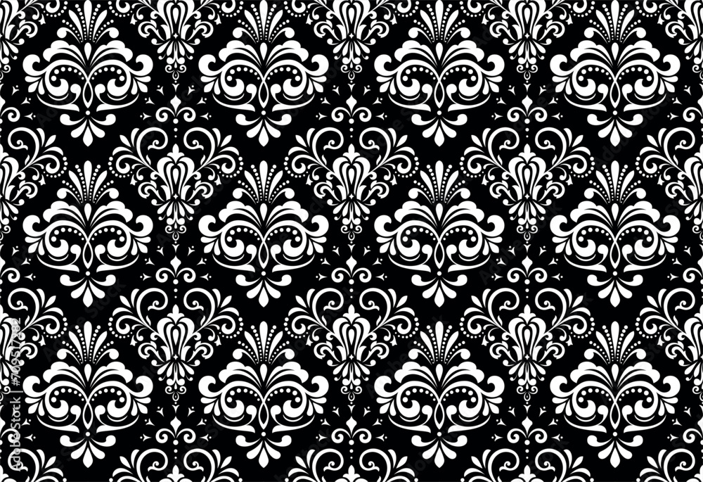 Fototapeta premium Wallpaper in the style of Baroque. Seamless vector background. White and black floral ornament. Graphic pattern for fabric, wallpaper, packaging. Ornate Damask flower ornament