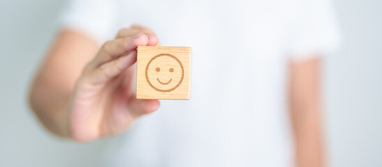 Woman show Happy Smile face block, Mental health Assessment, Psychology, Health Wellness, Feedback, Customer Review, Experience, Satisfaction Survey, Positive Thinking and World Mental Health day