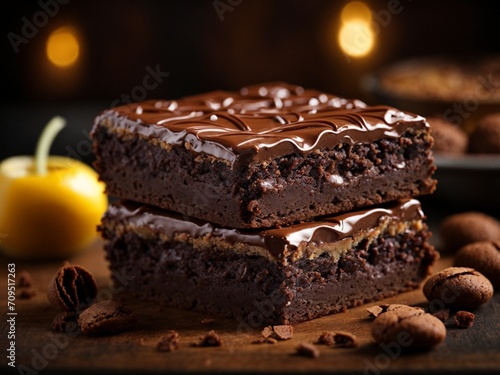 Rich and fudgy brownies with fudgy middles and the best crinkly tops, cinematic dessert photography  photo