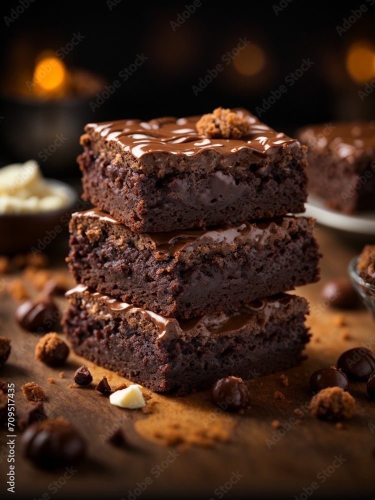 Rich and fudgy brownies with fudgy middles and the best crinkly tops, cinematic dessert photography 