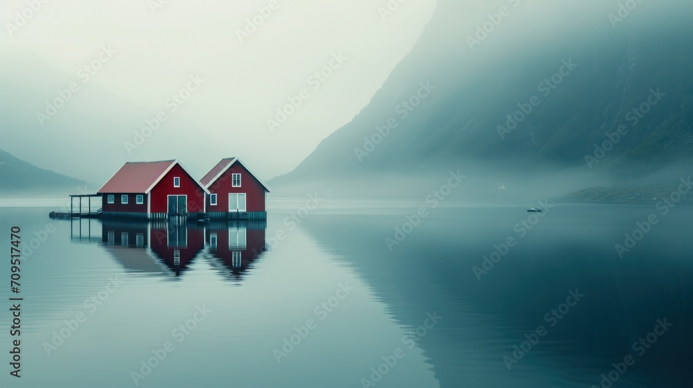 a red house sitting in the middle of a body of water with a boat in the water and mountains in the background. a red house sitting in the middle of a body of water with a boat in the water and mountains in the background.