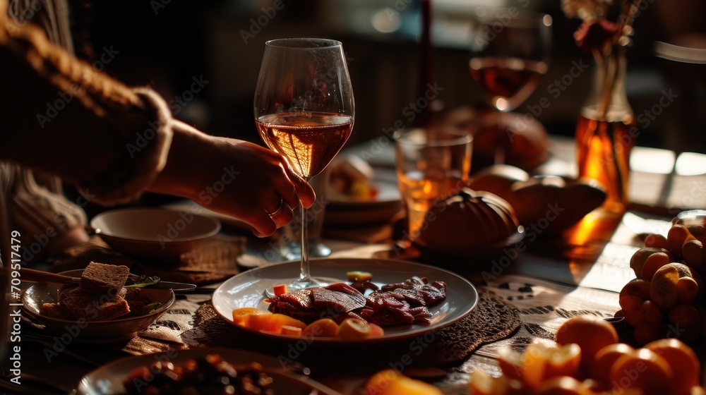  a close up of a plate of food on a table with a glass of wine and a person holding a wine glass.