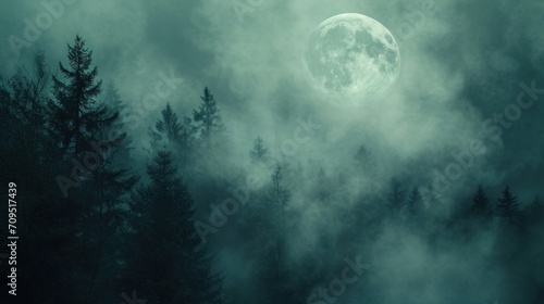  a full moon shines through the clouds above a forest of pine trees on a dark, foggy night.