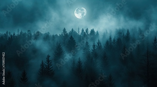  a foggy forest with a full moon in the middle of the night with trees in the foreground and fog in the foreground.