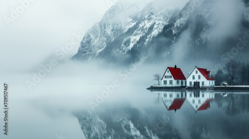  a white house with a red roof sitting on a body of water with a mountain in the background and fog in the air.
