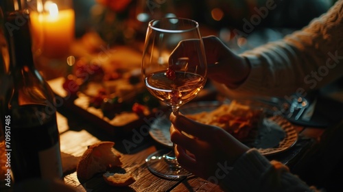  a person holding a glass of wine in front of a plate of food and a bottle of wine on a table.