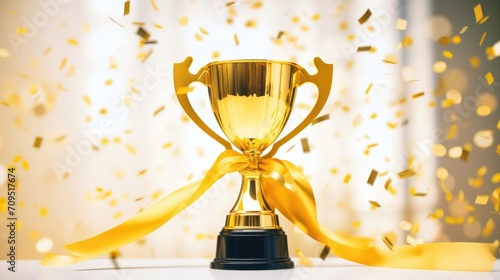 Hand holding a golden trophy on a white background with a ribbon