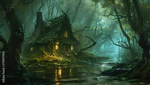 Amidst the stagnant waters and rotting vegetation of the swamp, the witchs hut stands as a beacon of magic and mystery, beckoning those who seek its dark powers. Fantasy animatio photo