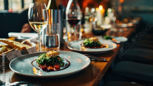  a close up of a plate of food on a table with a glass of wine and a bottle of wine.