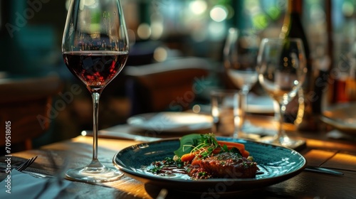  a close up of a plate of food on a table with a glass of wine and a glass of wine.