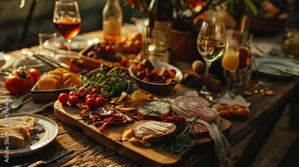  a wooden table topped with lots of different types of food and glasses of wine on top of a wooden table.