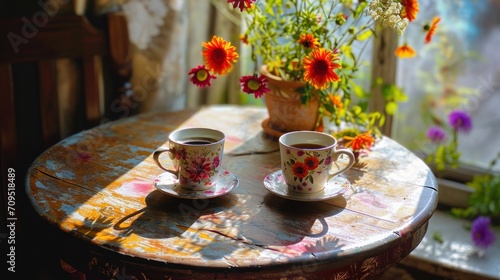  two cups of coffee sit on a table next to a potted plant and a vase of wildflowers.