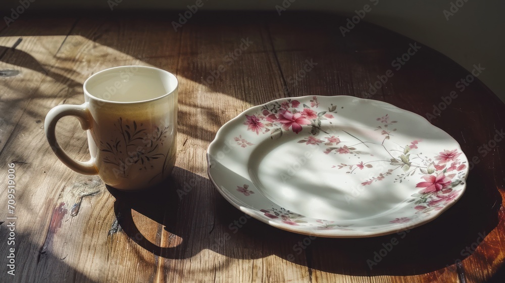 a cup and saucer sitting on a wooden table with a shadow of a tree on the side of the plate. a cup and saucer sitting on a wooden table with a shadow of a tree on the side of the plate.