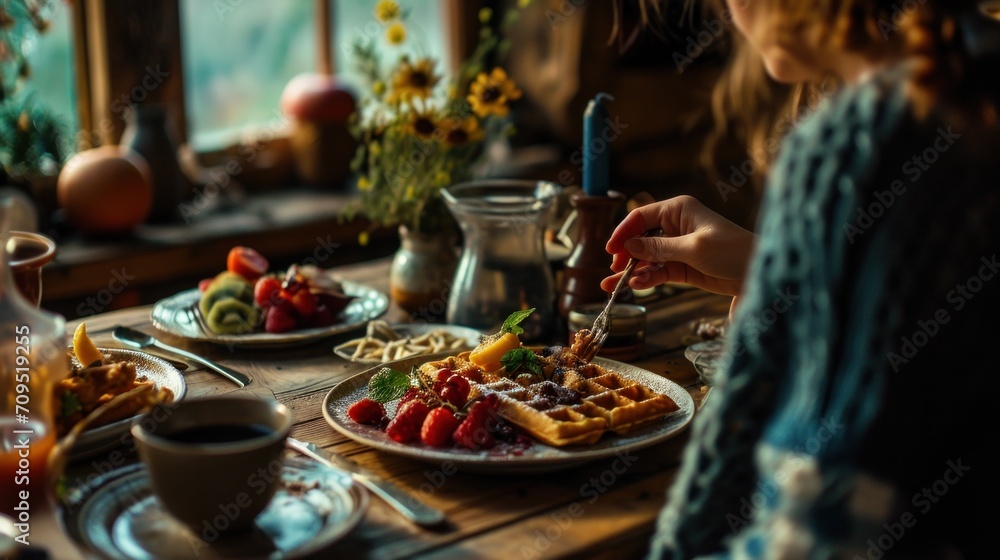 a woman sitting at a table with a plate of waffles and strawberries and a cup of coffee. a woman sitting at a table with a plate of waffles and strawberries and a cup of coffee.