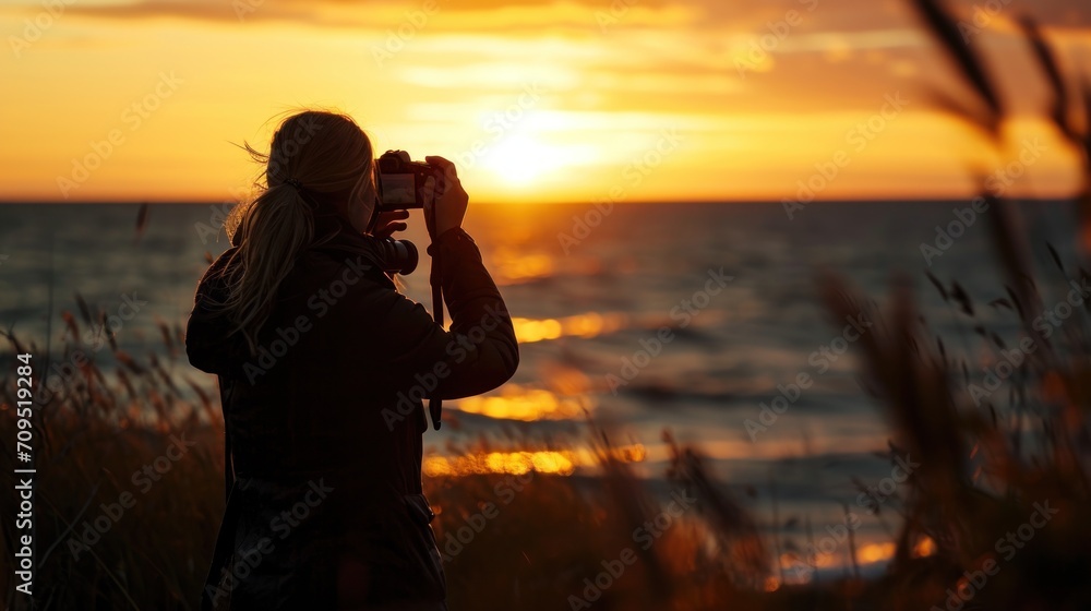  a woman taking a picture of the sun setting over the ocean with a camera in front of her and a body of water in the background.