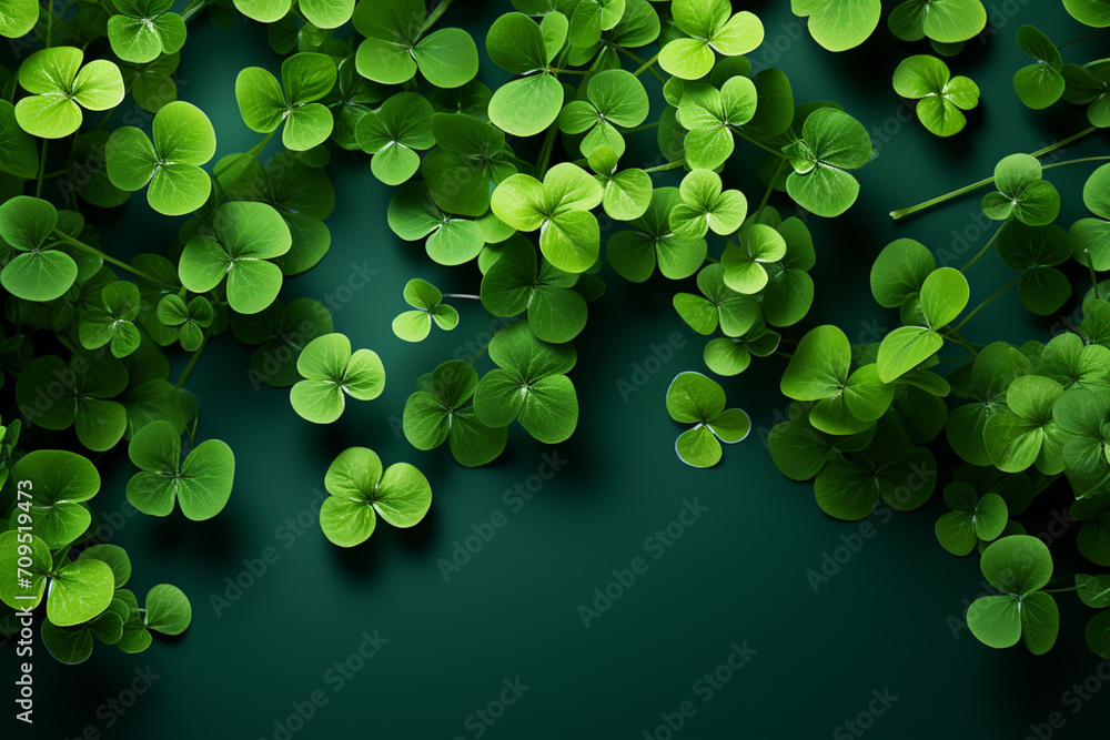 A minimalist design featuring a field of four-leaf clovers against a green background. - obrazy, fototapety, plakaty 