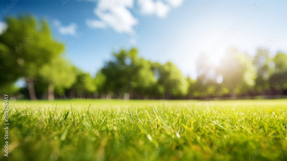 A beautiful blurred background of spring nature with a green lawn, trees, against a background of blue sky with clouds on a bright sunny day.