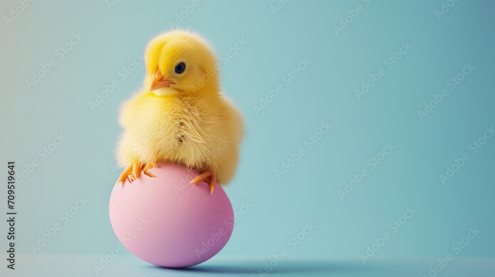 a small yellow chick sitting on top of a pink egg on a blue background with a light blue back drop. a small yellow chick sitting on top of a pink egg on a blue background with a light blue back drop.
