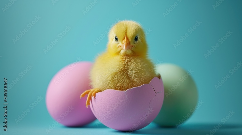 a small yellow chicken sitting inside of an egg shell on a blue background with a pink egg in front of it. a small yellow chicken sitting inside of an egg shell on a blue background with a pink egg in front of it.