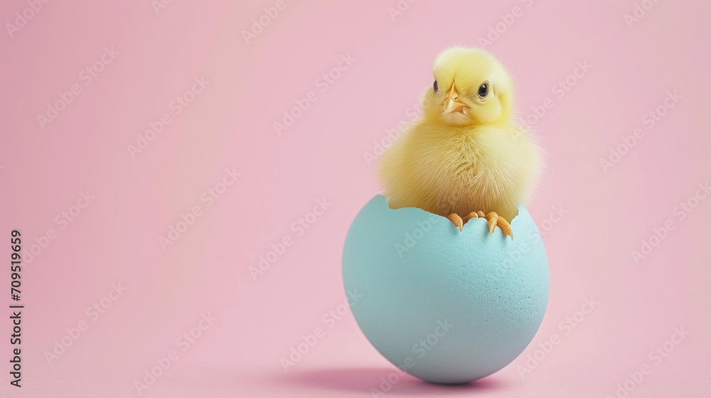  a small chicken sitting inside of a blue egg on top of a pink and white surface with a pink background.