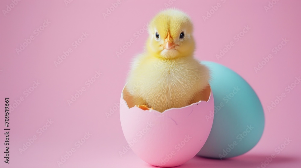 a small yellow duckling sitting inside of a blue and pink egg on a pink and pink background with an egg shell. a small yellow duckling sitting inside of a blue and pink egg on a pink and pink background with an egg shell.