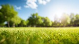 A beautiful blurred background of spring nature with a green lawn, trees, against a background of blue sky with clouds on a bright sunny day.
