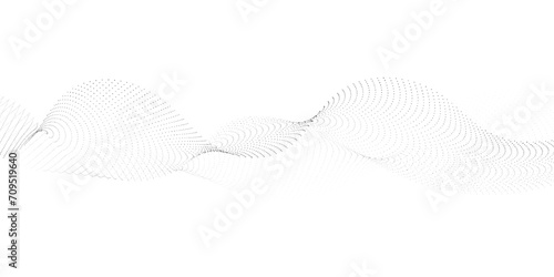 Abstract flowing dots particles wave curved lines on transparent background. Black halftone gradient smooth curve line shape background. Design for frequency sound, technology, science, banner, busine