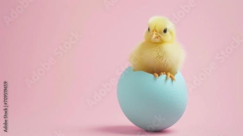  a small chicken sitting inside of a blue egg on top of a pink and white surface with a pink background. © Shanti