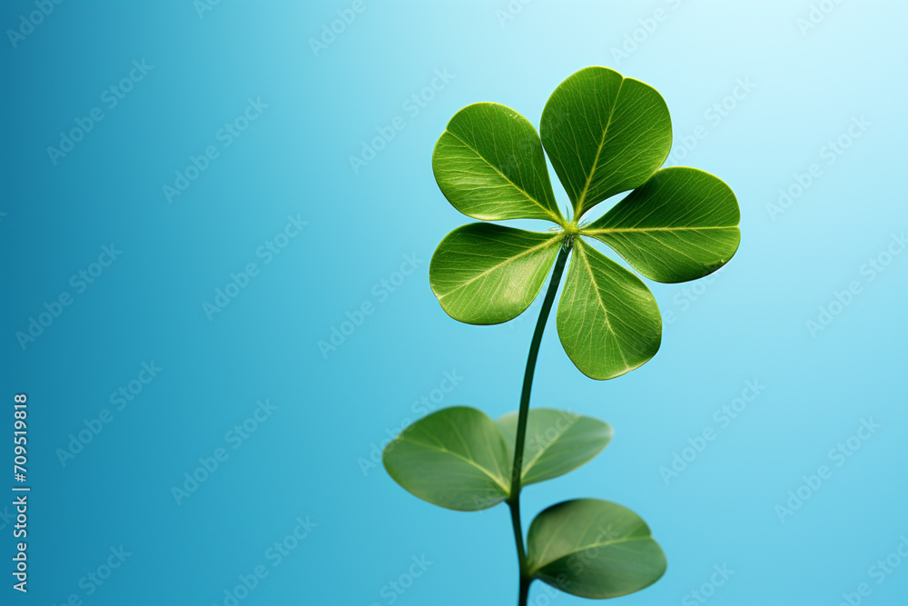 A minimalistic design with a single, large four-leaf clover on a green gradient.