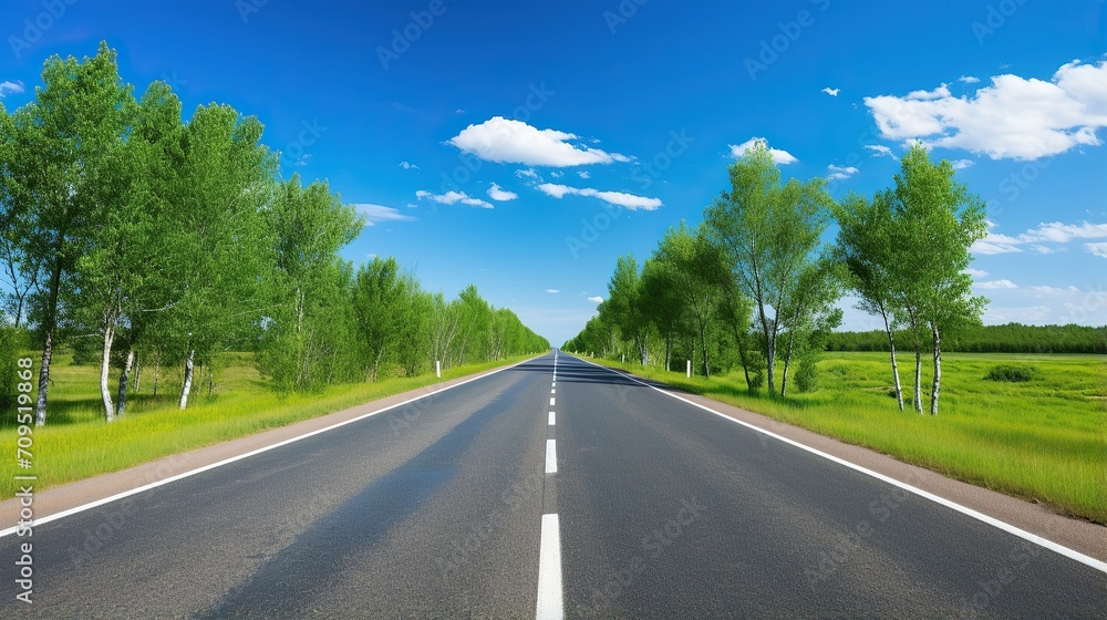 highway in the grassland background of blue sky and bright clouds, long road stretches into the distance. empty street on a beautiful sunny day