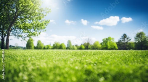 Blurred background of spring nature with fresh grass, trees, blue sky on a sunny day. Mockup for text, copy space.