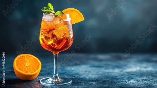  a close up of a drink in a wine glass with an orange slice on a table with a dark background.