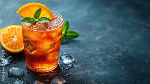  a glass of iced tea with orange slices and mint on a dark background with ice cubes and mint leaves.
